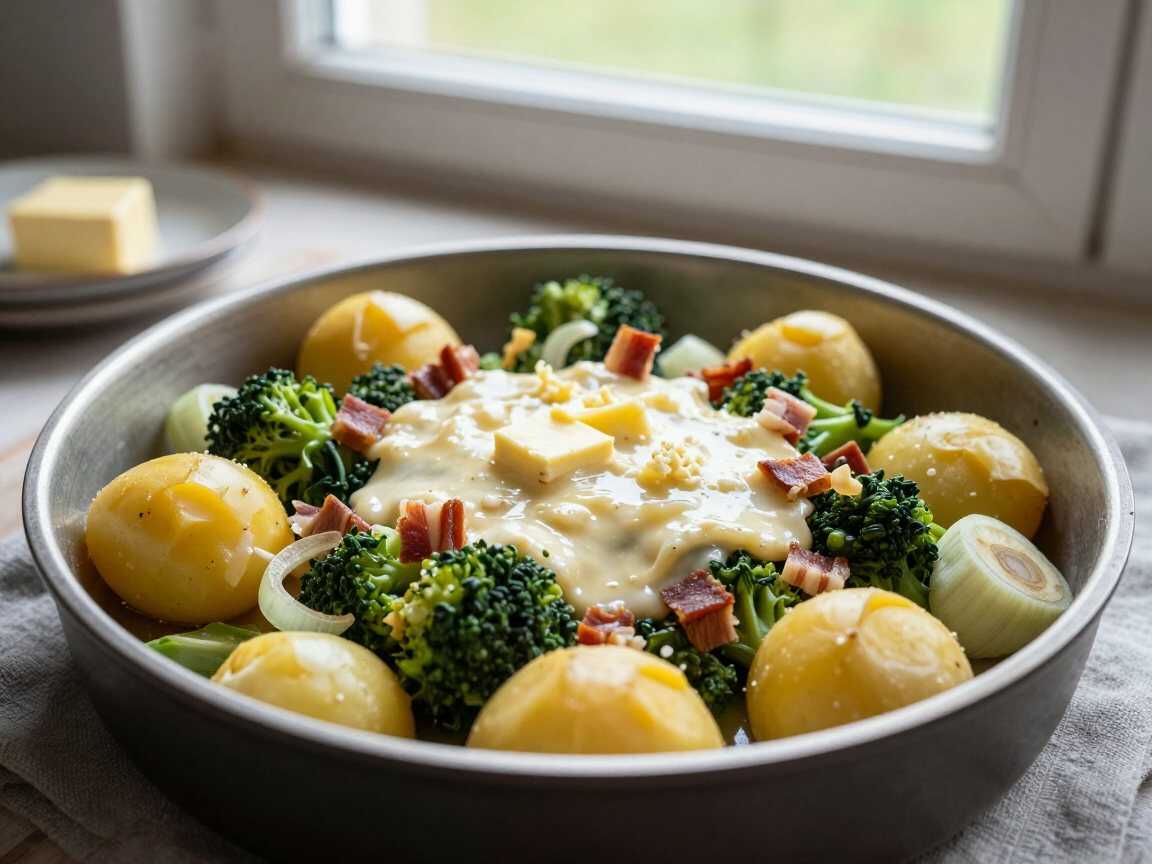 Kartoffel-Rosenkohl-Auflauf – das Soulfood für kalte Tage – während der Zubereitung