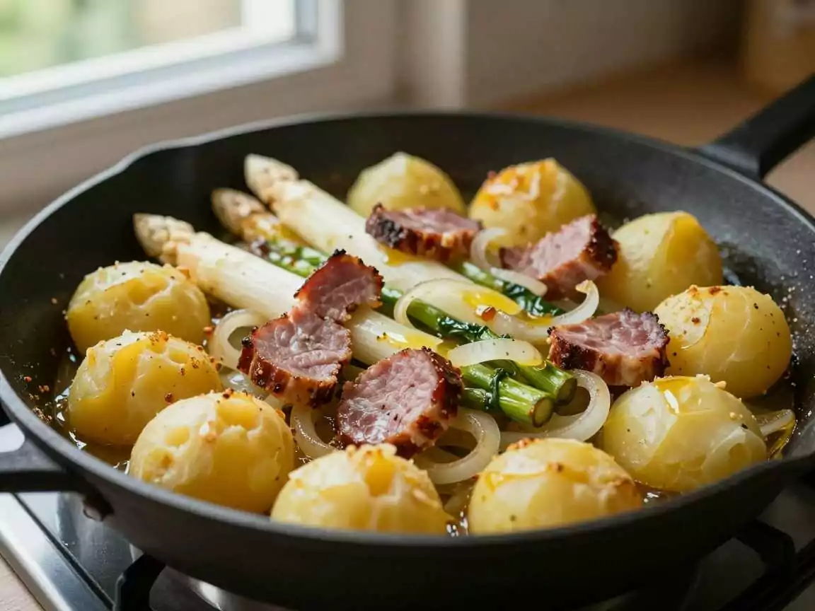 Kartoffel-Spargel-Pfanne mit Schinken – das Beilagen-Rezept, nach dem alle fragen – während der Zubereitung