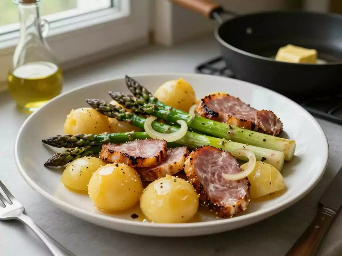Kartoffel-Spargel-Pfanne mit Schinken, das beliebteste Kartoffelrezept auf Pinterest – während der Zubereitung