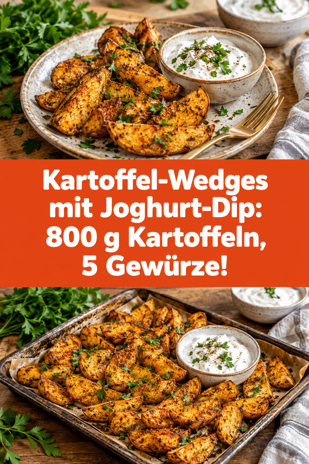 Kartoffel-Wedges mit Joghurt-Dip: 800 g Kartoffeln, 5 Gewürze!