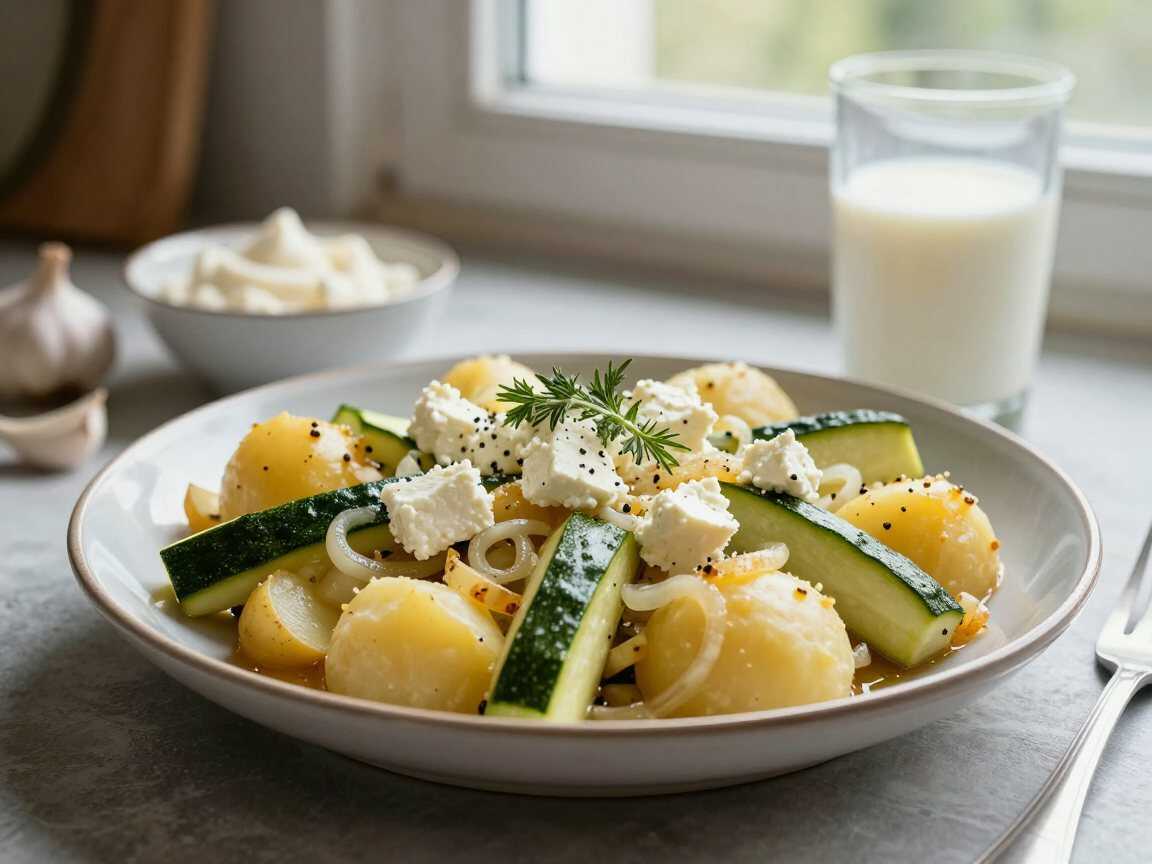 Kartoffel-Zucchini-Auflauf mit Feta, der Klassiker der deutschen Küche neu entdeckt – während der Zubereitung