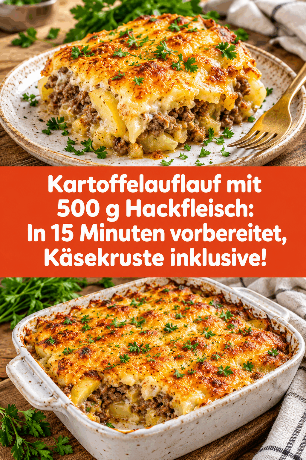 Kartoffelauflauf mit 500 g Hackfleisch: In 15 Minuten vorbereitet, Käsekruste inklusive!