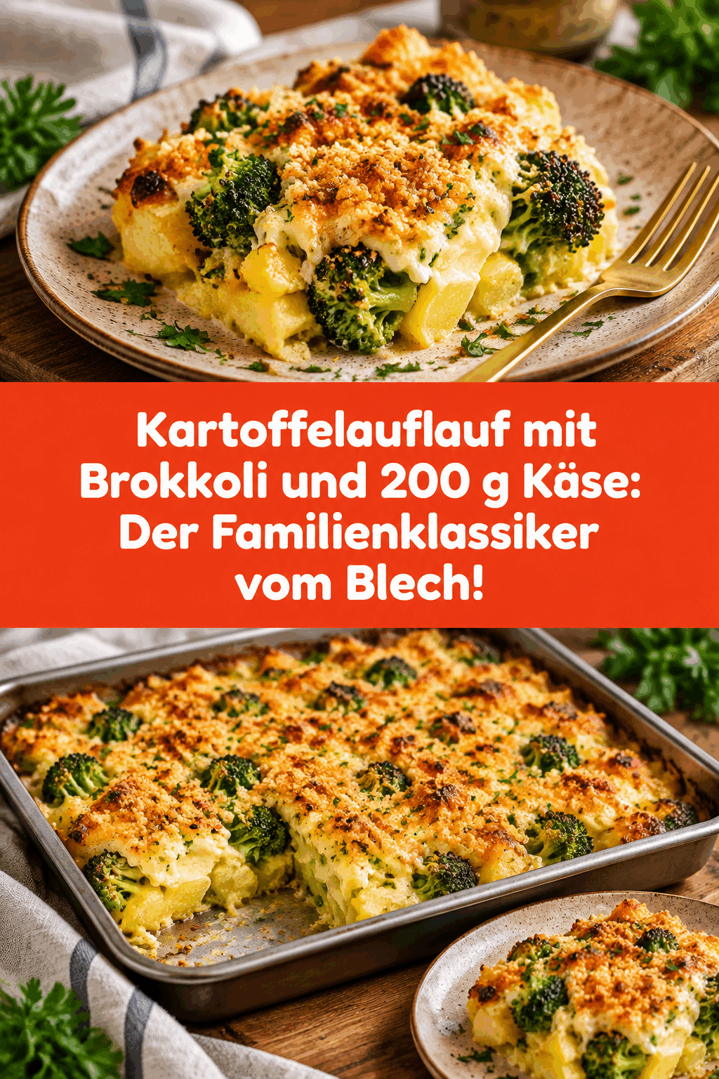 Kartoffelauflauf mit Brokkoli und 200 g Käse: Der Familienklassiker vom Blech!