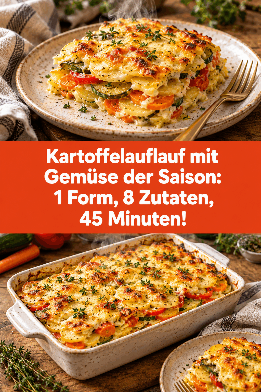 Kartoffelauflauf mit Gemüse der Saison: 1 Form, 8 Zutaten, 45 Minuten!