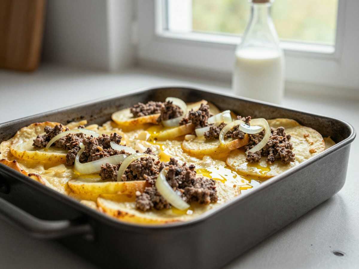 Kartoffelauflauf mit Hackfleisch: das schnelle Abendessen für stressige Tage – während der Zubereitung