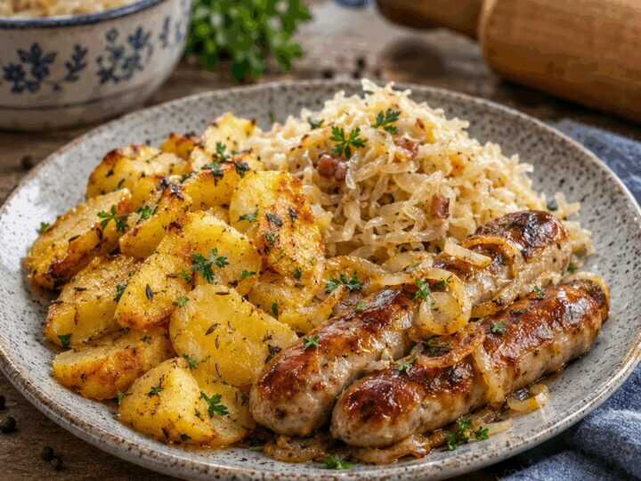 Kartoffel-Bratwurst-Blech mit Sauerkraut, das beliebteste Kartoffelrezept auf Pinterest
