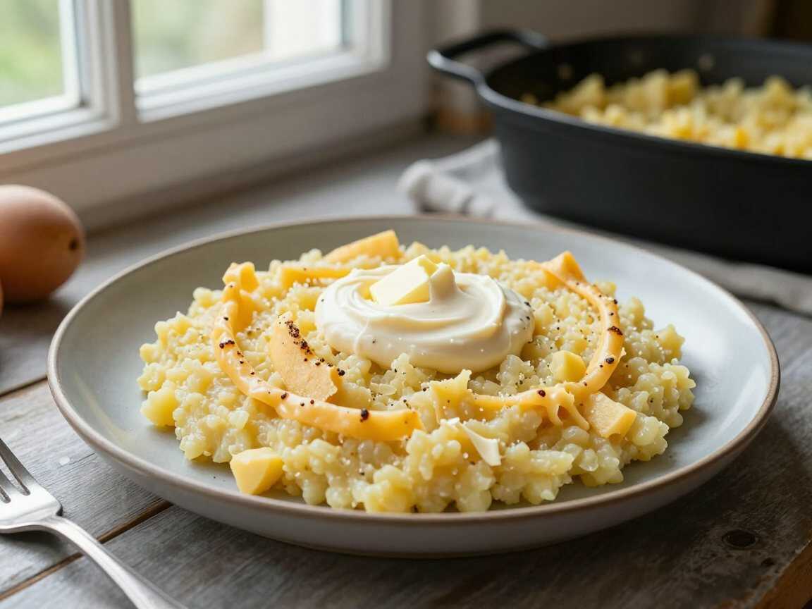 Kartoffelbrei aus dem Ofen mit Käsekruste, das 5-Sterne-Rezept aus einfachen Kartoffeln – während der Zubereitung