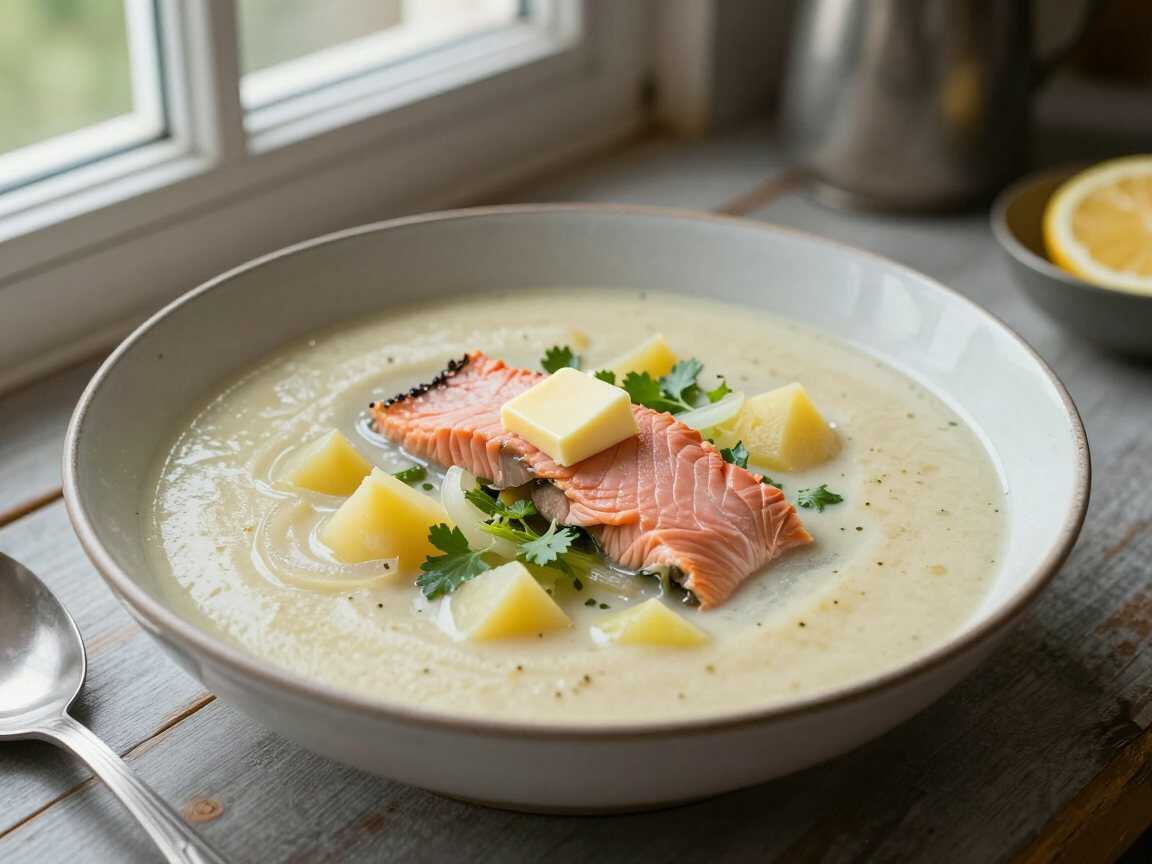 Kartoffelcremesuppe mit Räucherlachs, perfekt für den schnellen Feierabend – während der Zubereitung