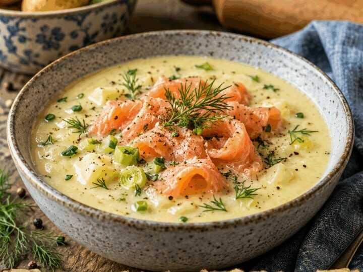 Kartoffelcremesuppe mit Räucherlachs, perfekt für den schnellen Feierabend