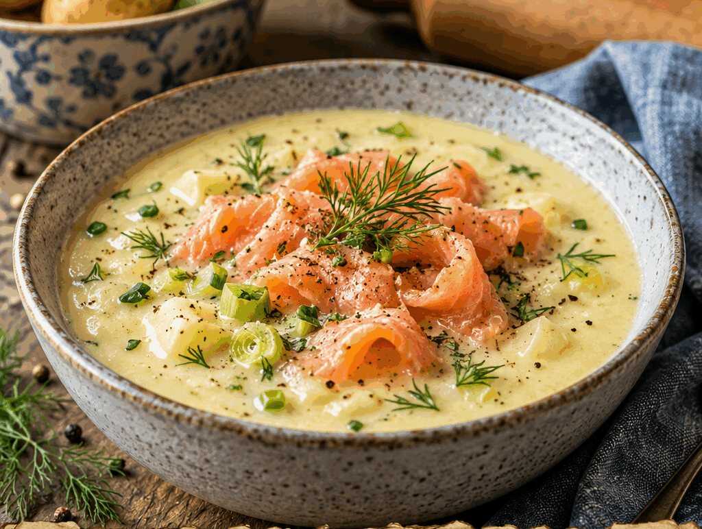 Kartoffelcremesuppe mit Räucherlachs, perfekt für den schnellen Feierabend