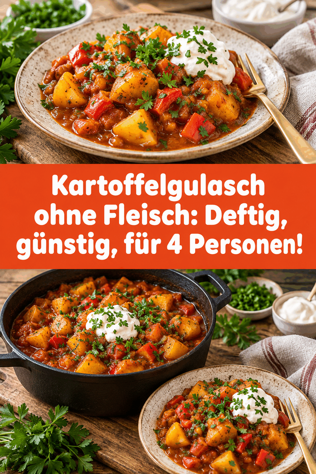 Kartoffelgulasch ohne Fleisch: Deftig, günstig, für 4 Personen!
