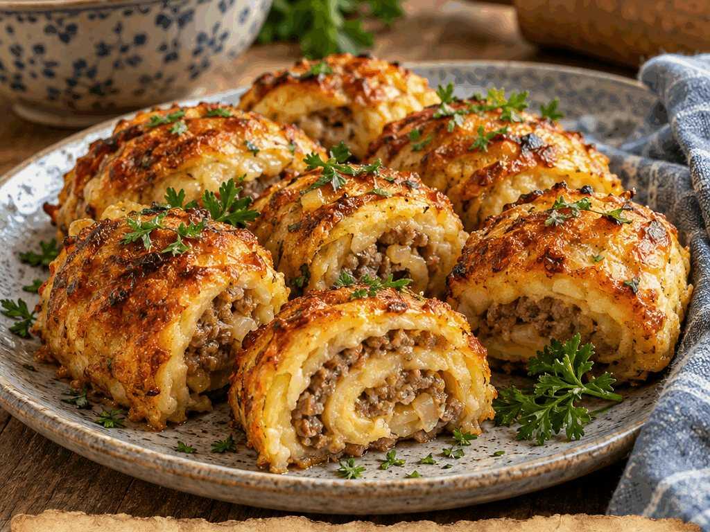 Kartoffel-Hack-Röllchen aus dem Ofen, perfekt als Beilage zum Grillen