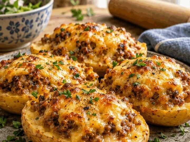 Kartoffelhälften mit Hackfleisch überbacken, das Rezept, das sich alle Mamas weiterschicken