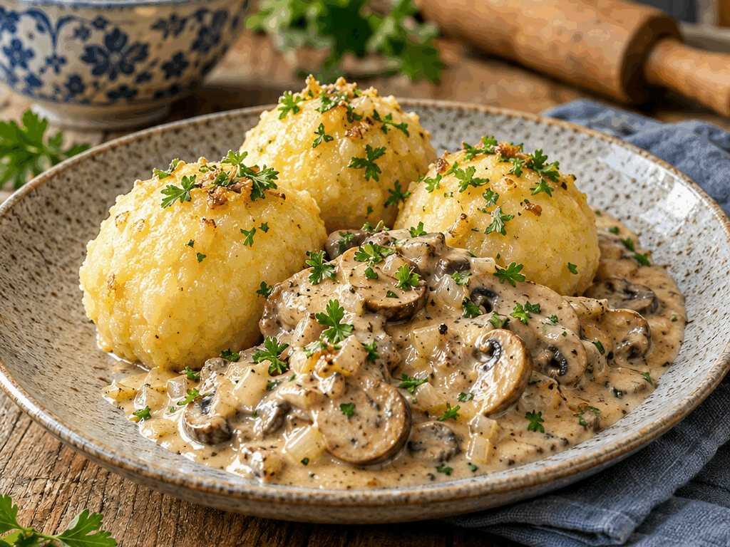 Kartoffelknödel mit Pilzrahmsoße – sättigt die ganze Familie für wenig Geld