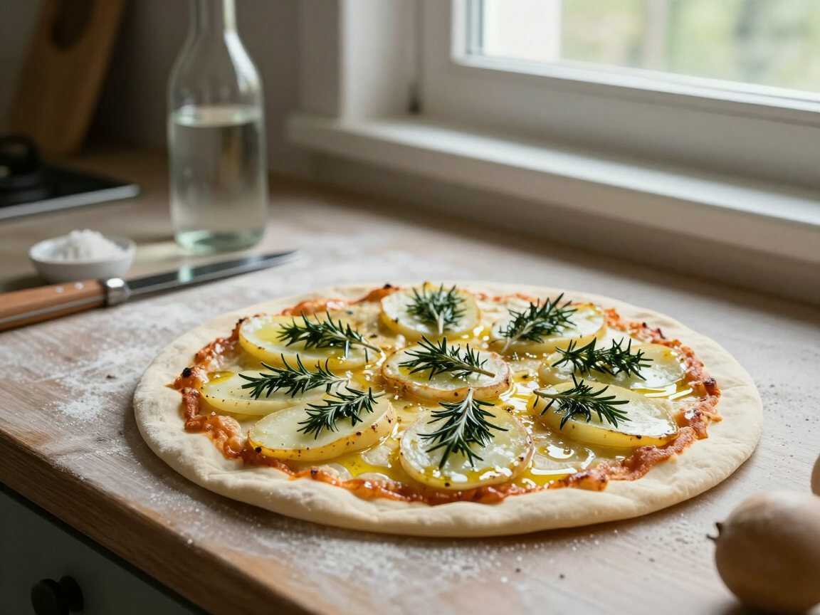 Kartoffelpizza mit Rosmarin, perfekt als Beilage zum Grillen – während der Zubereitung