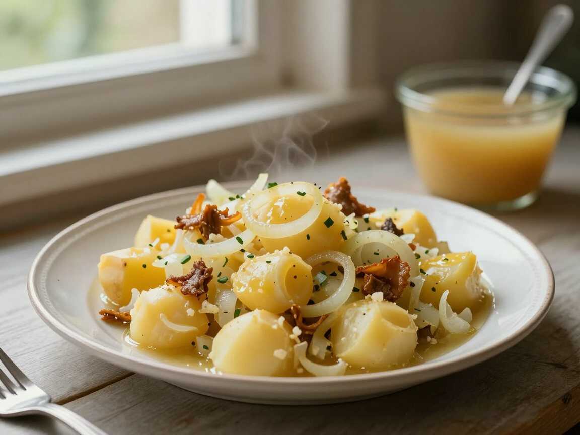 Kartoffelsalat mit Brühe und Röstzwiebeln, der Klassiker der deutschen Küche neu entdeckt – während der Zubereitung