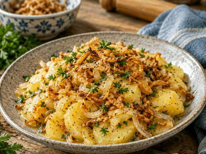 Kartoffelsalat mit Brühe und Röstzwiebeln, der Klassiker der deutschen Küche neu entdeckt