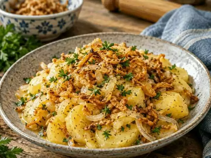 Kartoffelsalat mit Brühe und Röstzwiebeln, der Klassiker der deutschen Küche neu entdeckt