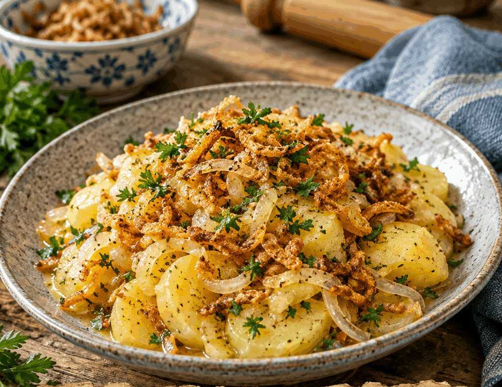 Kartoffelsalat mit Brühe und Röstzwiebeln, der Klassiker der deutschen Küche neu entdeckt