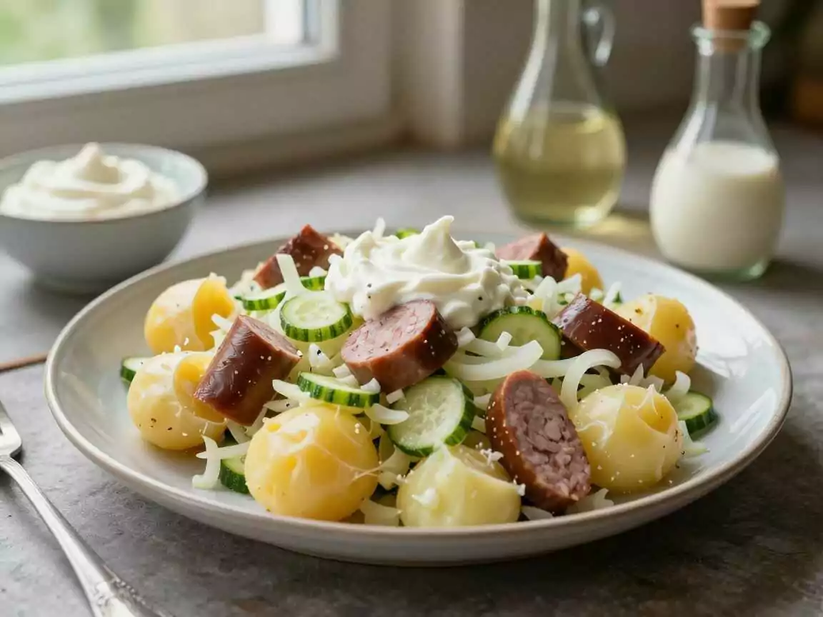Kartoffelsalat mit Fleischwurst-Würfeln: das Lieblingsrezept der ganzen Familie – während der Zubereitung