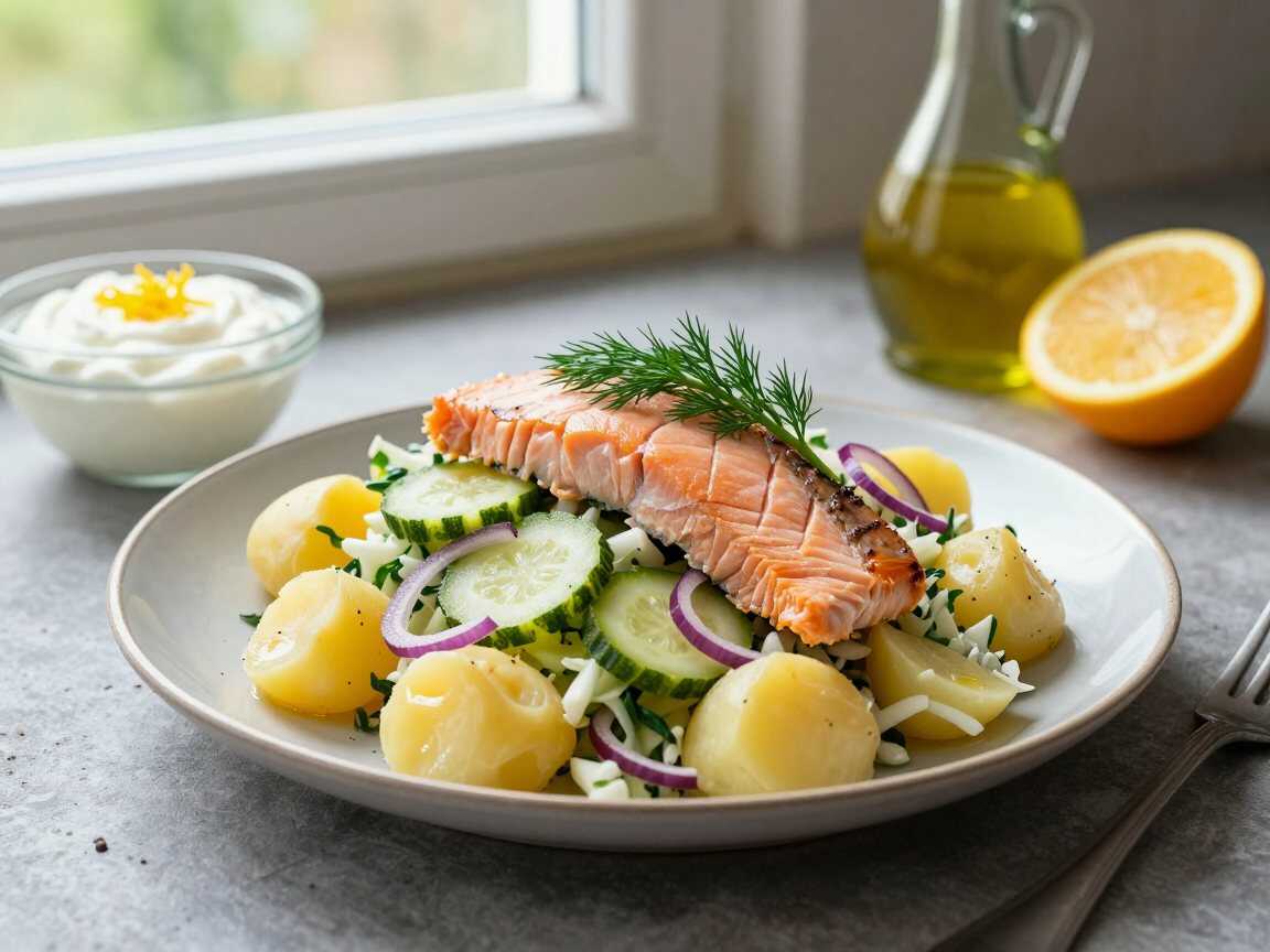 Kartoffelsalat mit Lachs und Dill, perfekt als Beilage zum Grillen – während der Zubereitung