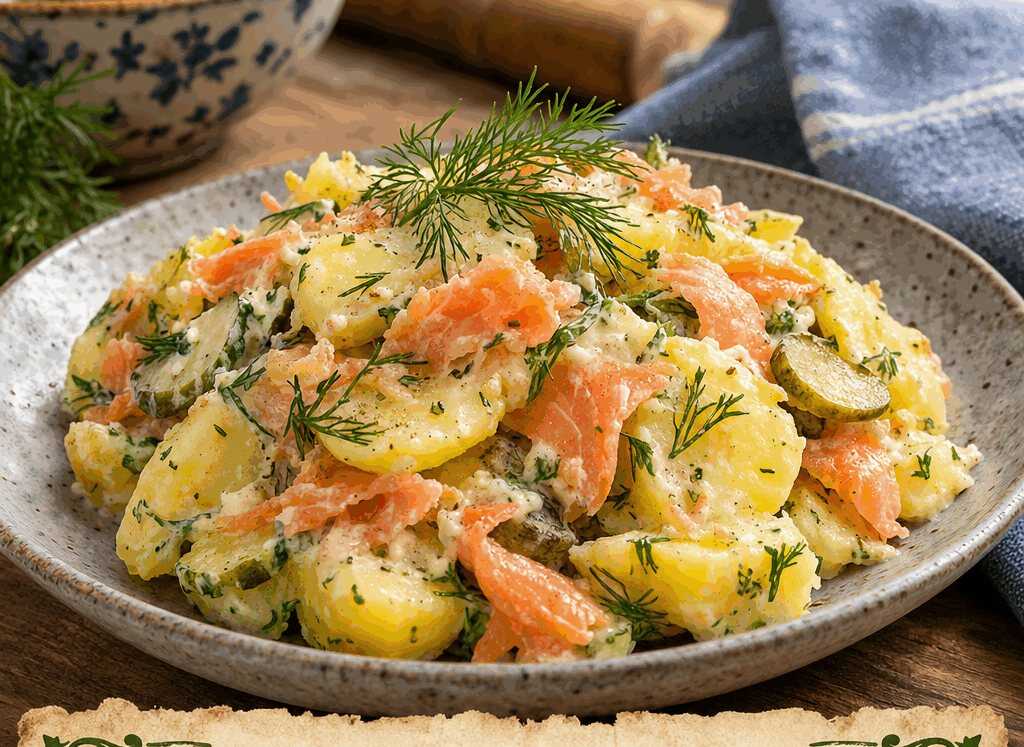 Kartoffelsalat mit Lachs und Dill, perfekt als Beilage zum Grillen