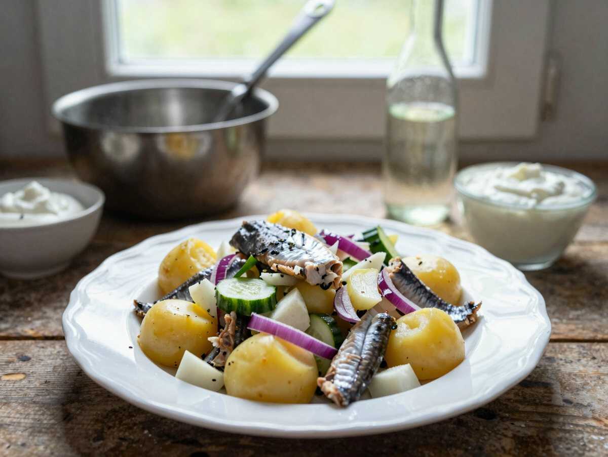 Kartoffelsalat mit Matjes – perfekt zum Vorkochen für die ganze Woche – während der Zubereitung