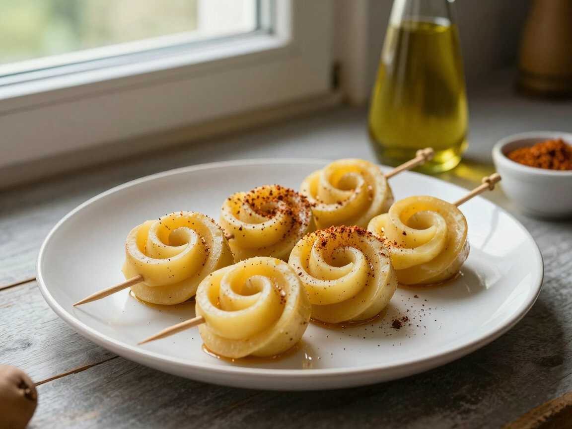 Kartoffelspiralen am Spieß wie vom Jahrmarkt – Kinder lieben dieses Rezept – während der Zubereitung