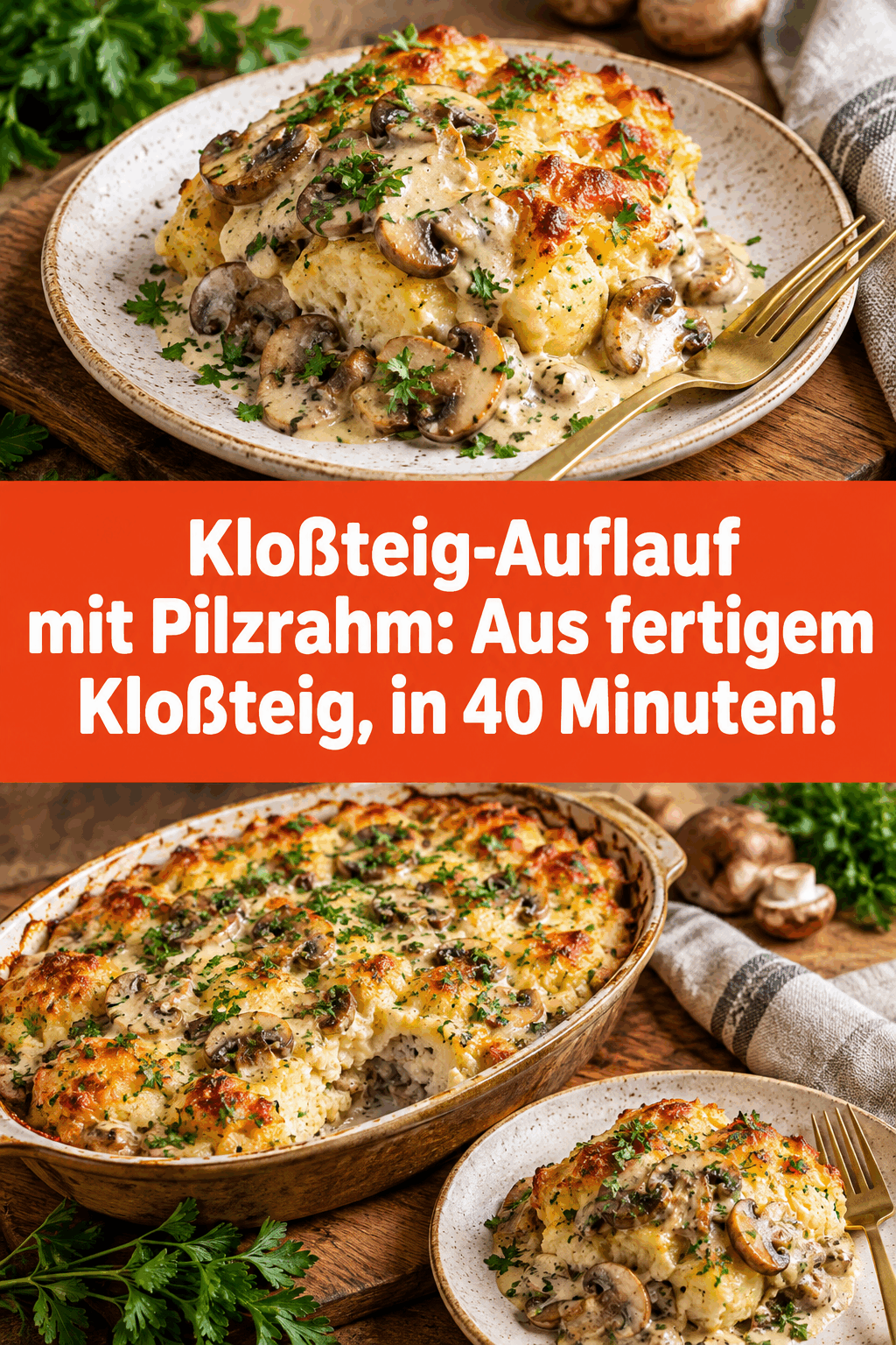 Kloßteig-Auflauf mit Pilzrahm: Aus fertigem Kloßteig, in 40 Minuten!