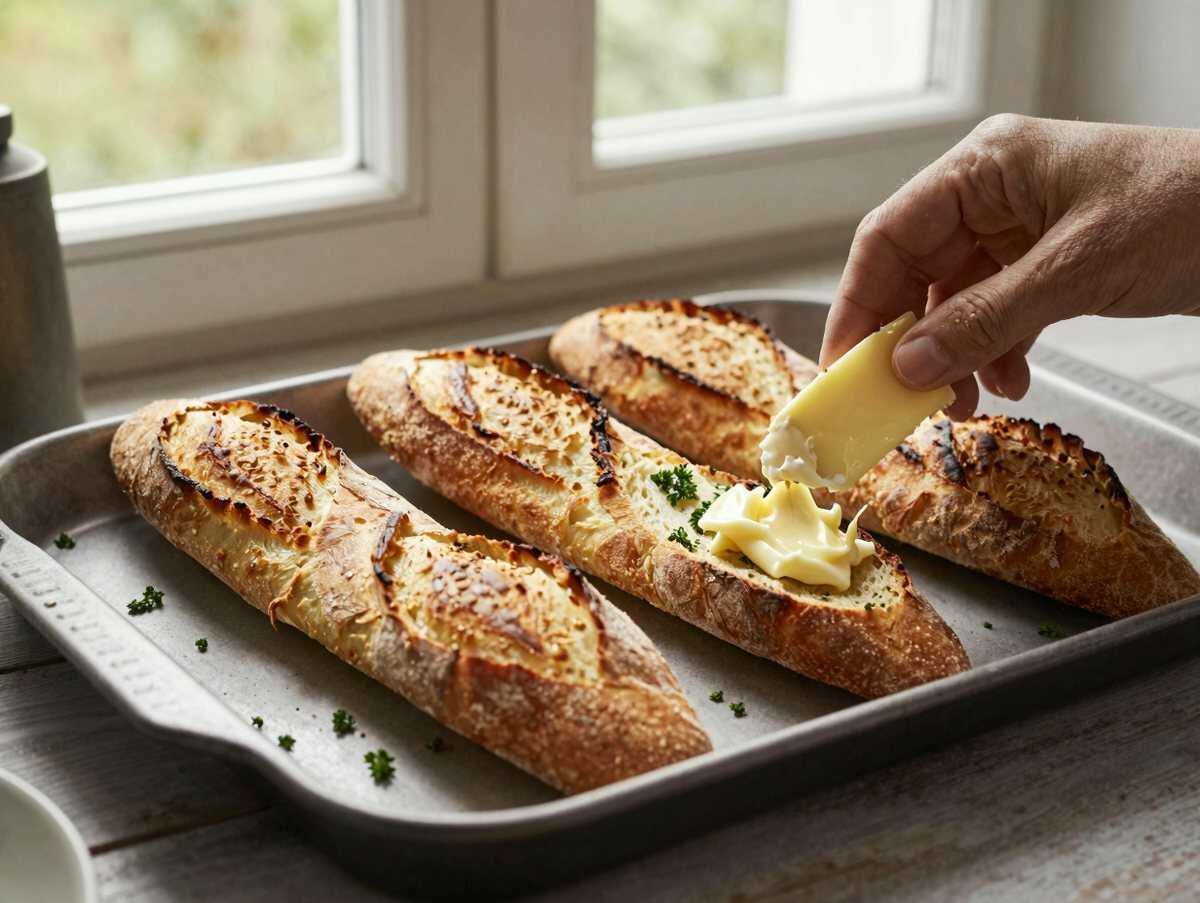 Knoblauchbaguette aus der Heißluftfritteuse – ideal für den Kindergeburtstag – während der Zubereitung