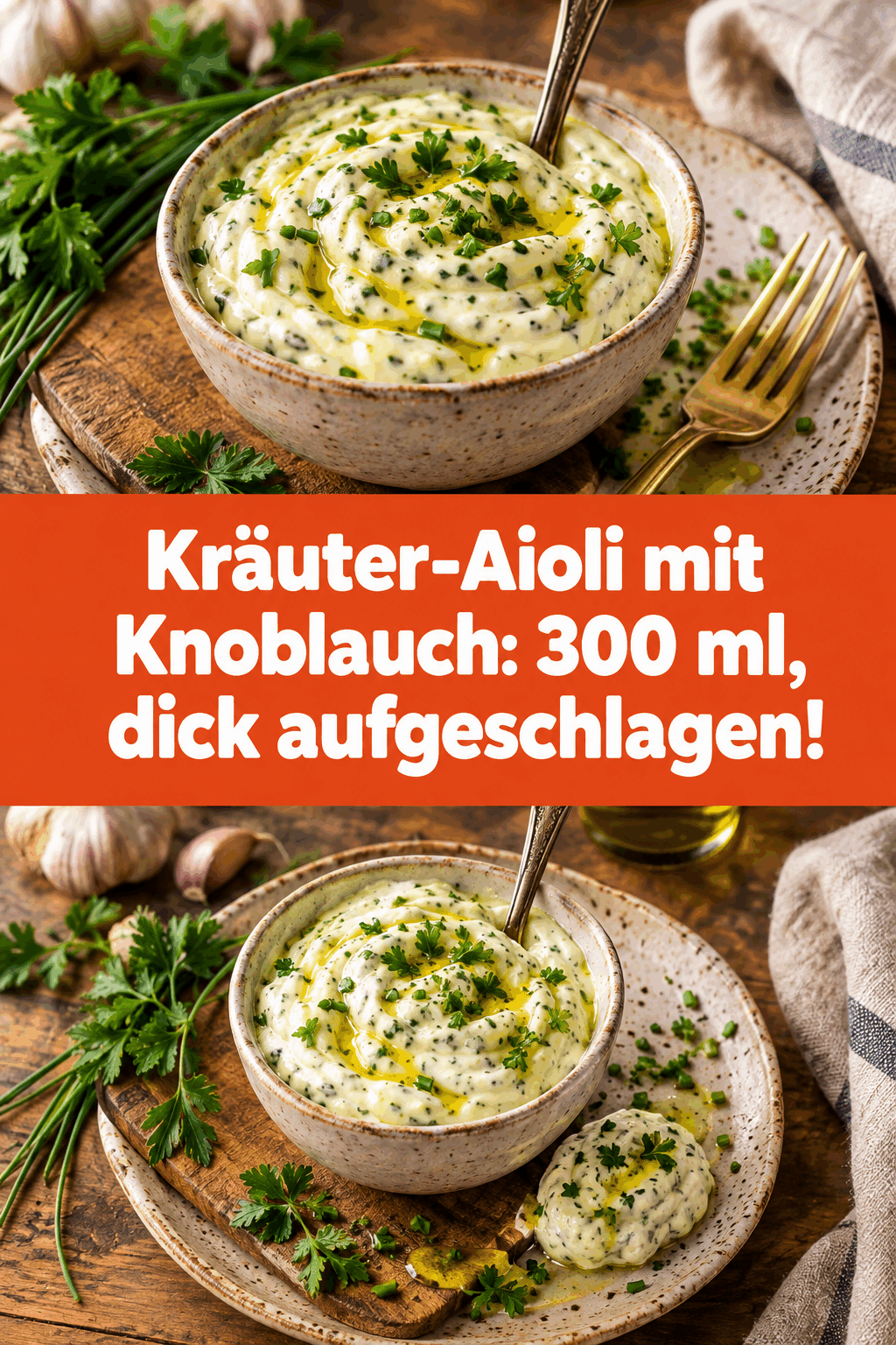 Kräuter-Aioli mit Knoblauch: 300 ml, dick aufgeschlagen!