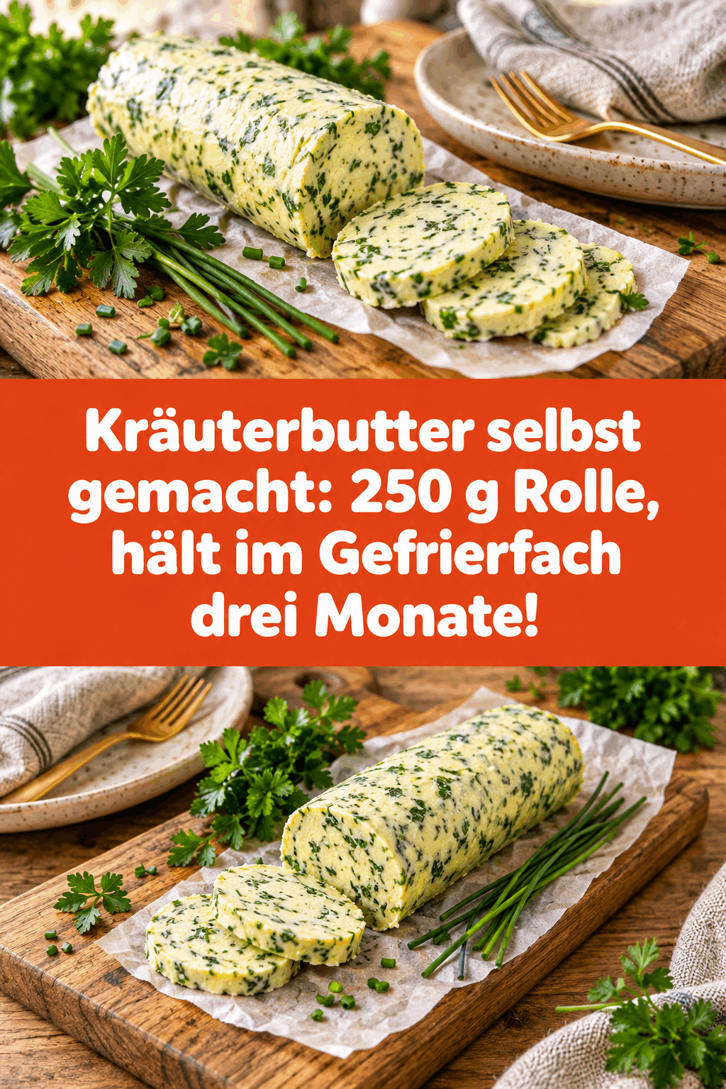 Kräuterbutter selbst gemacht: 250 g Rolle, hält im Gefrierfach drei Monate!