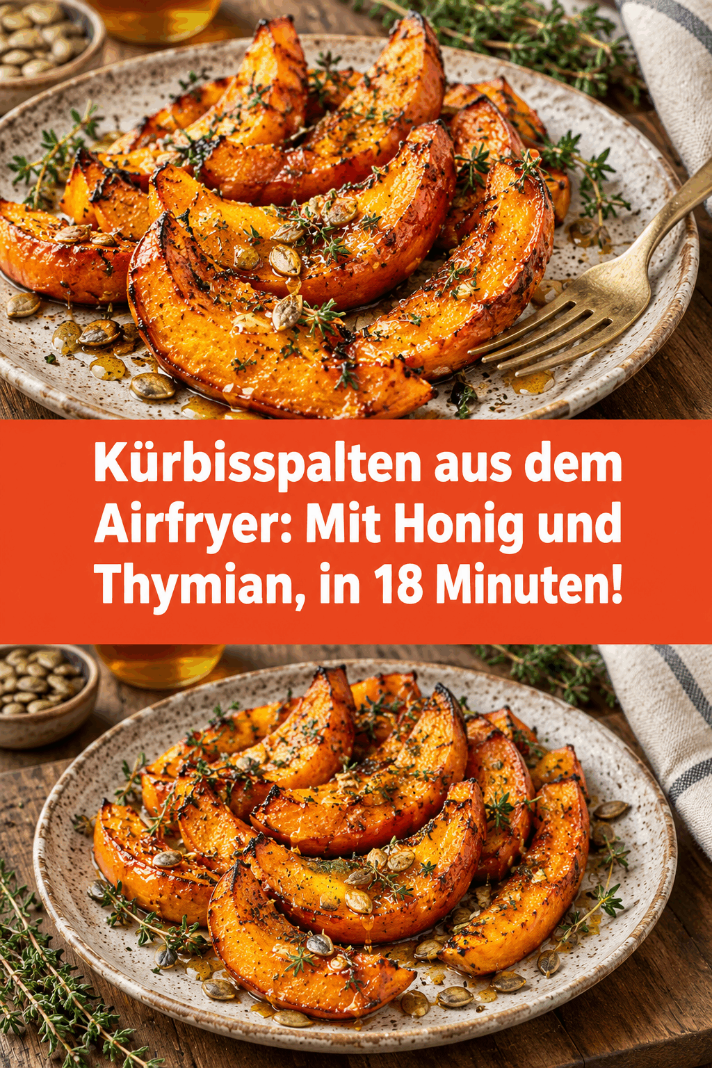 Kürbisspalten aus dem Airfryer: Mit Honig und Thymian, in 18 Minuten!