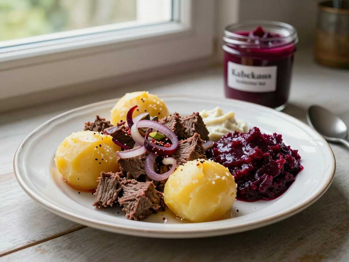 Labskaus mit Kartoffeln norddeutsche Art, der Klassiker der deutschen Küche neu entdeckt – während der Zubereitung