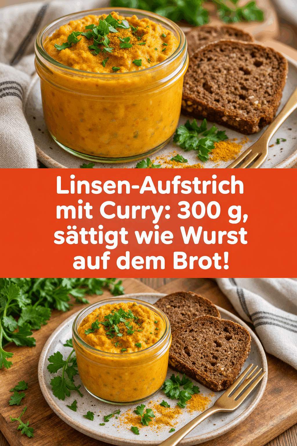 Linsen-Aufstrich mit Curry: 300 g, sättigt wie Wurst auf dem Brot!