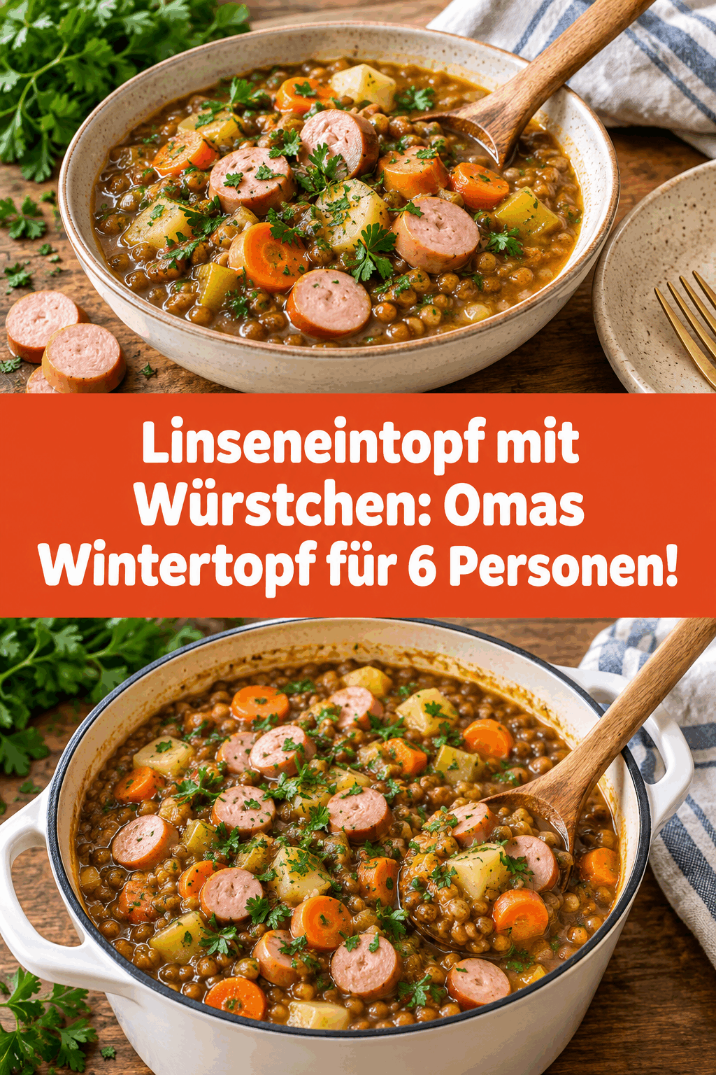 Linseneintopf mit Würstchen: Omas Wintertopf für 6 Personen!