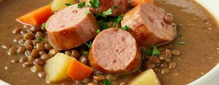 Linsensuppe wie bei Oma: Deftig, mit Würstchen und Essig!