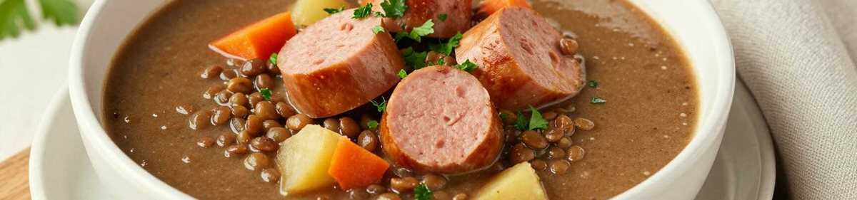 Linsensuppe wie bei Oma: Deftig, mit Würstchen und Essig!
