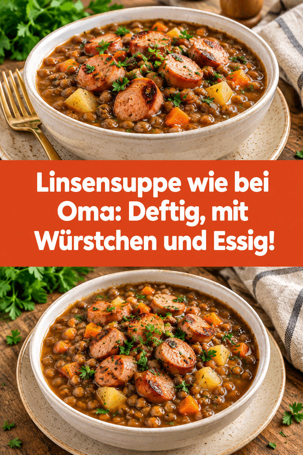 Linsensuppe wie bei Oma: Deftig, mit Würstchen und Essig!