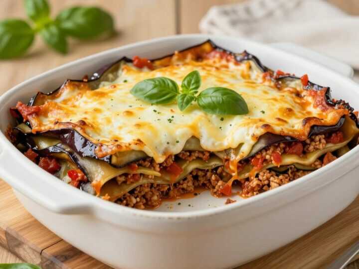 Low Carb Auberginen-Lasagne mit Hackfleisch: Statt Nudeln kommt Gemüse zwischen die Schichten!