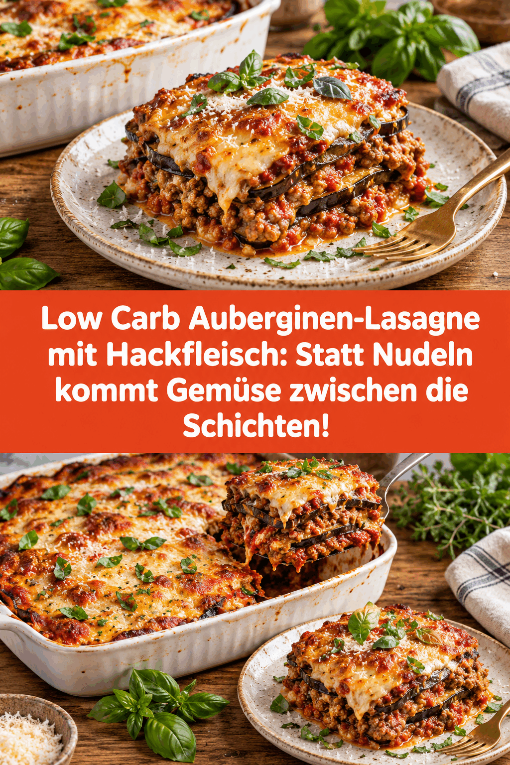 Low Carb Auberginen-Lasagne mit Hackfleisch: Statt Nudeln kommt Gemüse zwischen die Schichten!