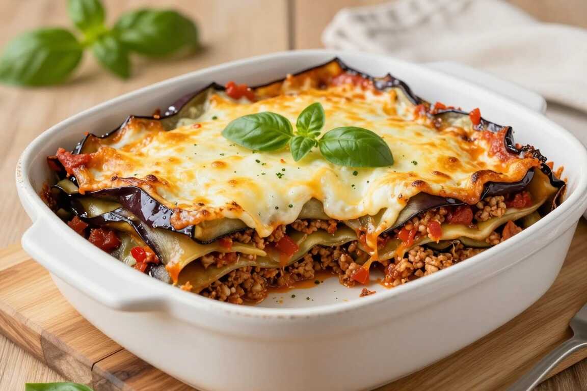 Low Carb Auberginen-Lasagne mit Hackfleisch: Statt Nudeln kommt Gemüse zwischen die Schichten!