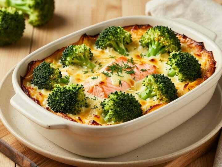 Low Carb Auflauf mit Brokkoli und Lachs: 400 g Fisch, eine Form, 30 Minuten!