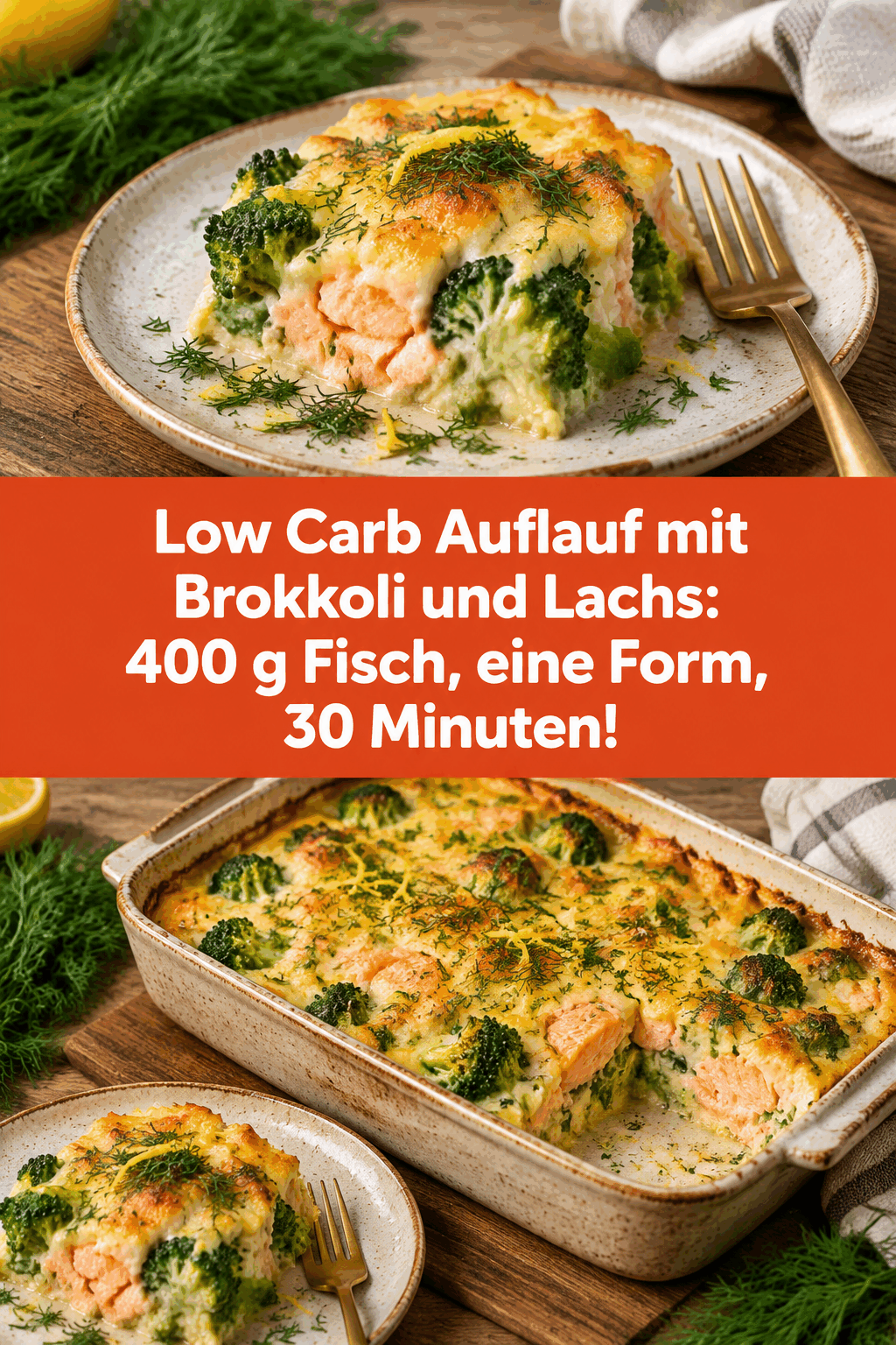 Low Carb Auflauf mit Brokkoli und Lachs: 400 g Fisch, eine Form, 30 Minuten!