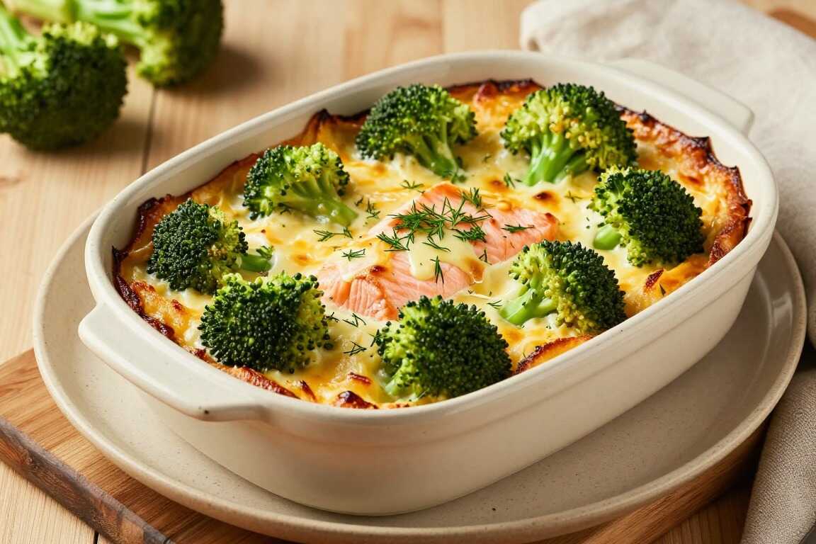 Low Carb Auflauf mit Brokkoli und Lachs: 400 g Fisch, eine Form, 30 Minuten!