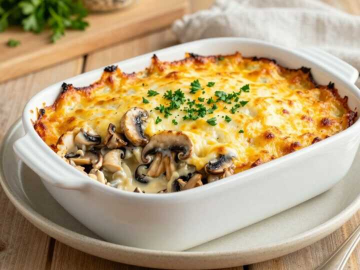 Low Carb Auflauf mit Hähnchen und Champignons: Eine Form, 35 Minuten im Ofen!