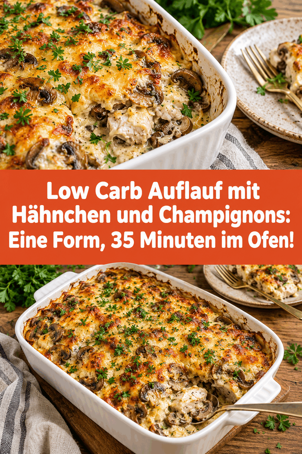 Low Carb Auflauf mit Hähnchen und Champignons: Eine Form, 35 Minuten im Ofen!