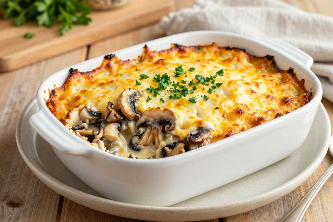 Low Carb Auflauf mit Hähnchen und Champignons: Eine Form, 35 Minuten im Ofen!