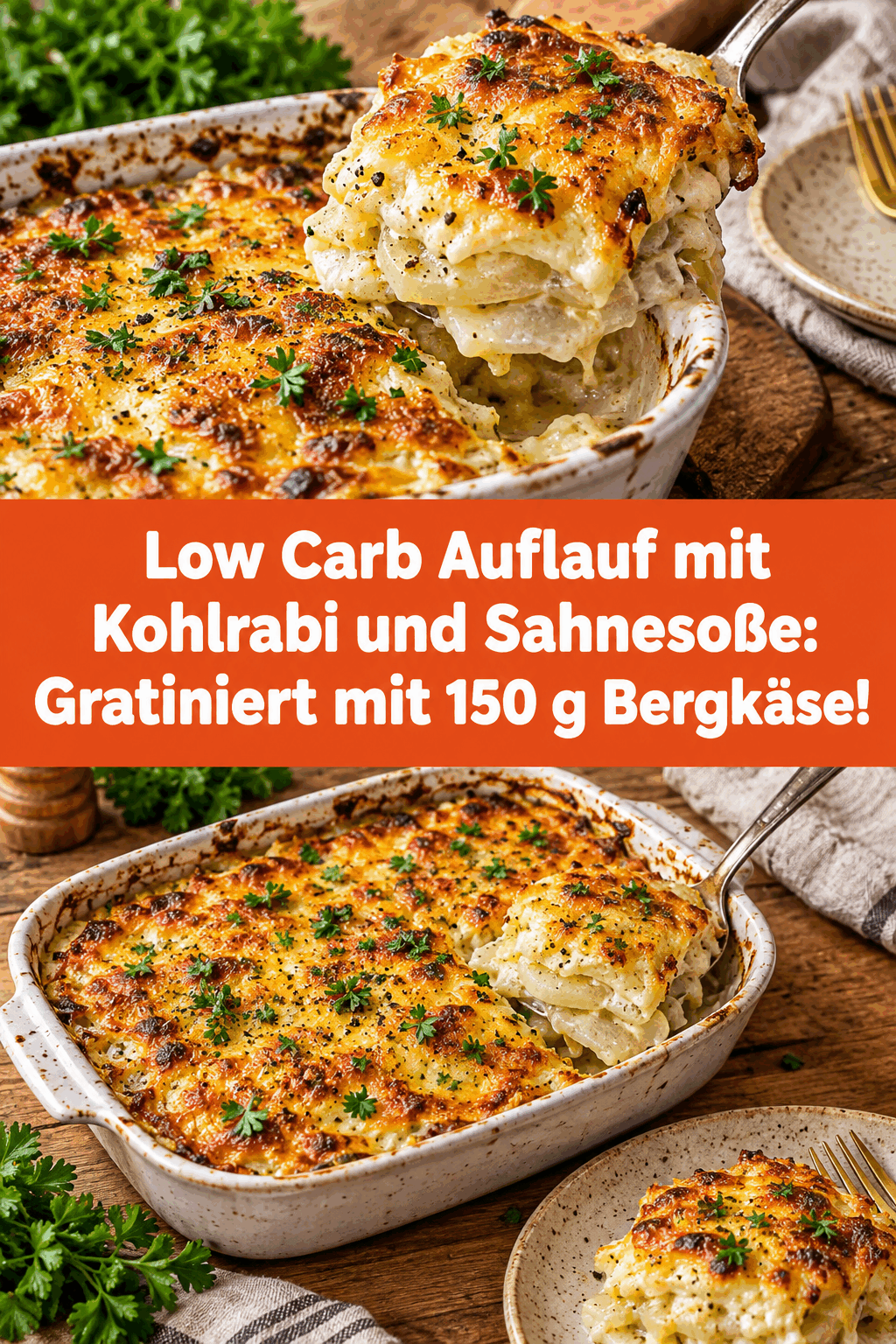 Low Carb Auflauf mit Kohlrabi und Sahnesoße: Gratiniert mit 150 g Bergkäse!