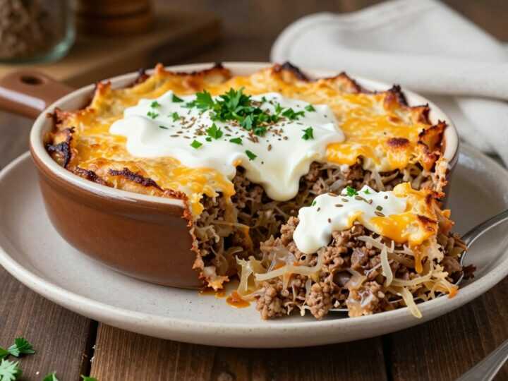 Low Carb Auflauf mit Sauerkraut und Hackfleisch: Deftig, ohne Kartoffelschicht!